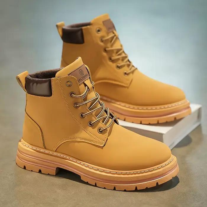 1 paire de bottes hautes tout-terrain robustes MAINALUN pour hommes et femmes - Tige en PU/tissu, bottes à lacets beige/brun avec