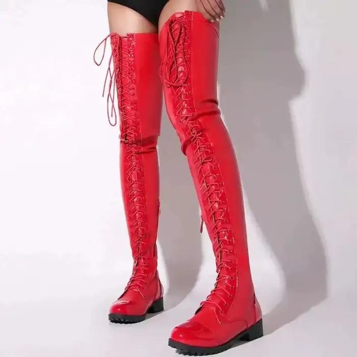 Bottes noires à lacets et talons bas au-dessus du genou pour femmes