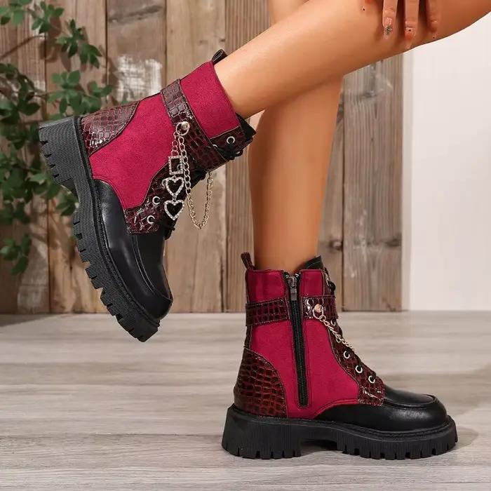 Bottes pour femmes, bottes de créateur avec chaîne en métal, fermeture éclair latérale, bottines à plateforme antidérapante, Bottines Femmes