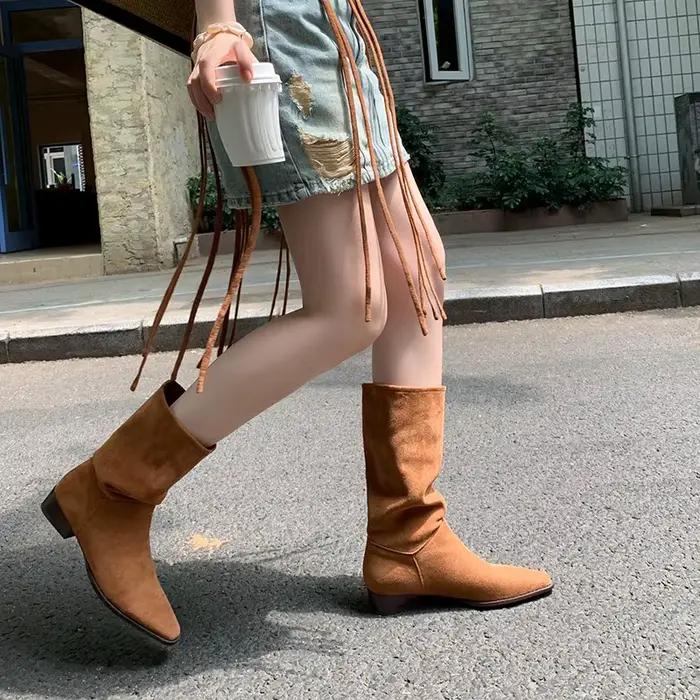 Bottes en nubuck MKKHOU style de rue hautes au genou talon bas pour femmes élégantes et confortables toutes saisons