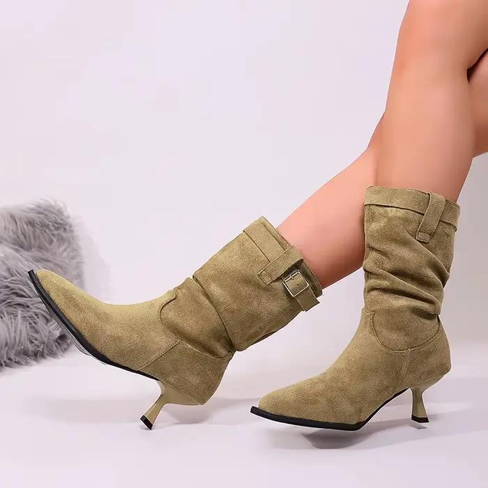 Bottines plissées à talons hauts pour femmes, collection automne 2026, en faux daim, à talon fin, bottes courtes à bout pointu, style cowboy