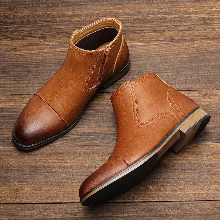 Bottines confortables en cuir artificiel pour hommes, bottes rétro, hecrafted, printemps automne, cheville, talon bas, bout rond, lacets, couture visible, semelle en caoutchouc et EVA, gris, gris foncé, chameau
