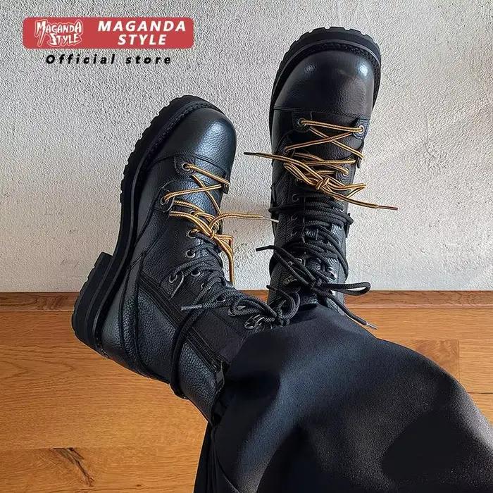 Couche de tête en peau de vache bottes courtes hommes à semelles épaisses hauteur augmentant parachutiste vêtements de travail conception fermeture éclair style à lacets chaussures de plein air
