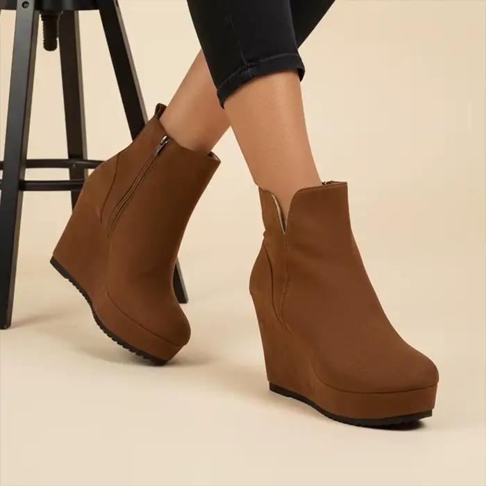 Bottines compensées zippées mode bout rond plate-forme gommage daim grande taille chaussures en coton à talons
