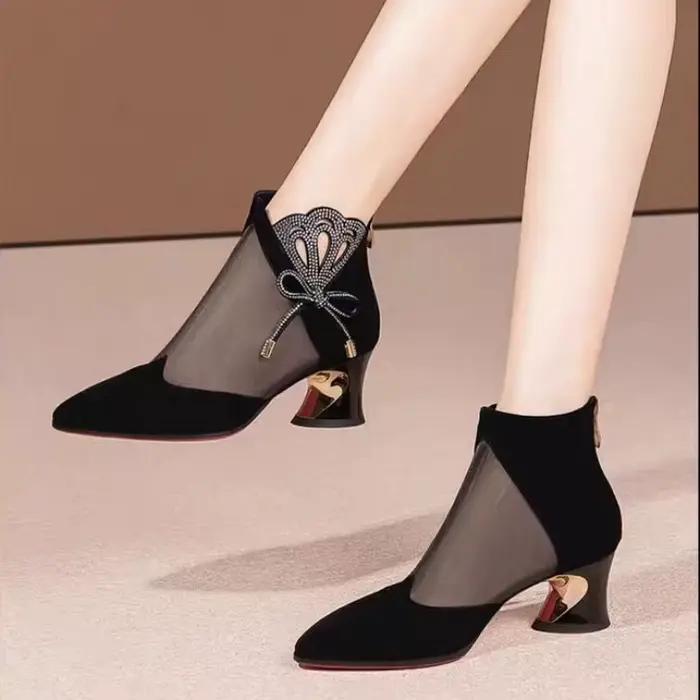 Nouvelles Bottines à Bout Pointu en Maille 2026, Talon Carré Confortable, Style Français Élégant pour Mariage, Banquet et Soirée