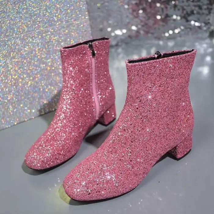 Mode femmes bottes Bling couleur unie côté fermeture éclair