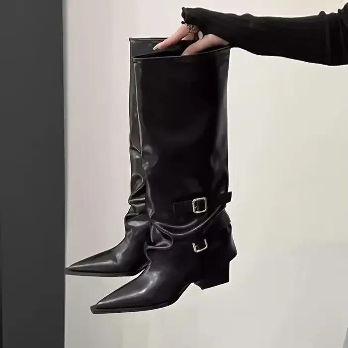 Bla bottes longues à tube haut pour femmes, bottines rétro à bout pointu avec ceinture, printemps automne, cuir PU, doublure en coton et caoutchouc...