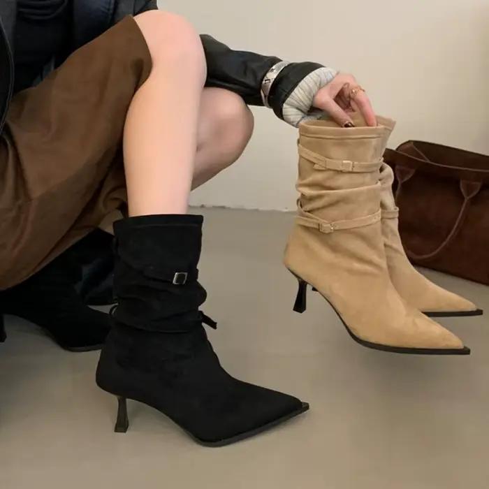 Nouvelles bottes mi-hautes féminines sexy et décontractées en microfibre avec talons fins et semelle en caoutchouc pour hiver et occasions spéciales