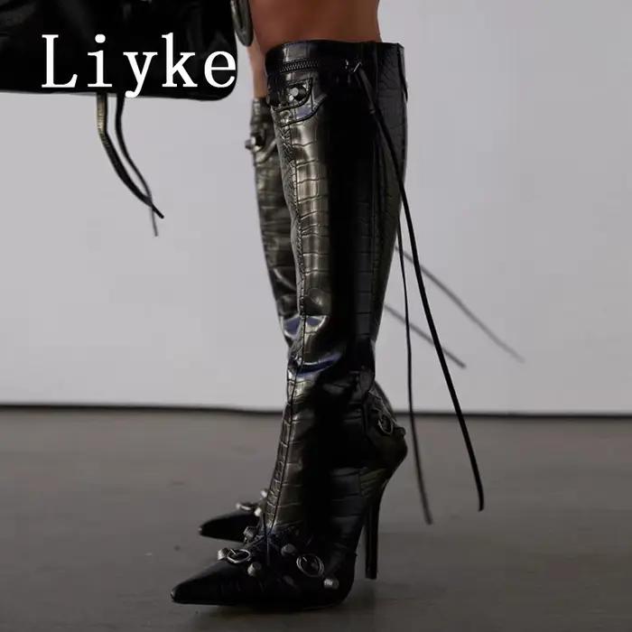 Liyke 2026 nouveau Sexy bout pointu genou bottes hautes femmes pôle danse talons aiguilles pompes mode gland Zip Rivet hiver longues chaussures