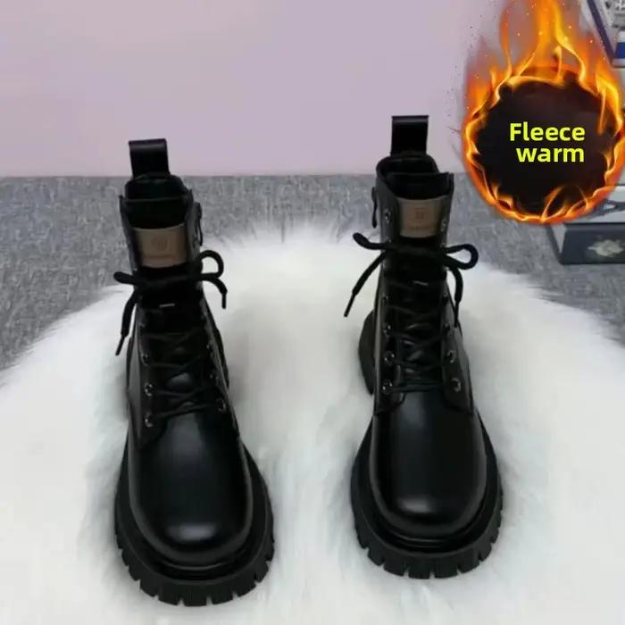 Bottines pour femmes de haute qualité décontracté botte en cuir souple en peluche bottes d'hiver chaudes mode bottes de moto à lacets botte à plate-forme