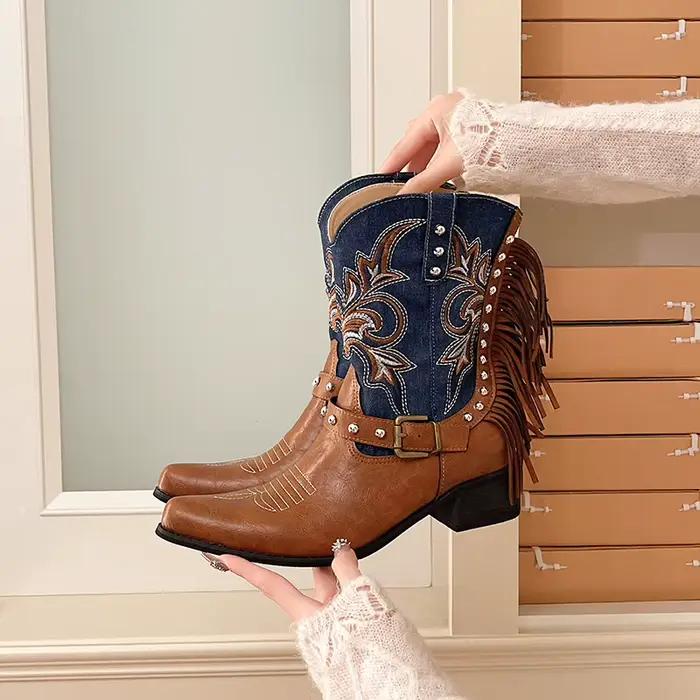 Bottines de cowboy brodées mi-hautes pour femmes, nouveauté 2026