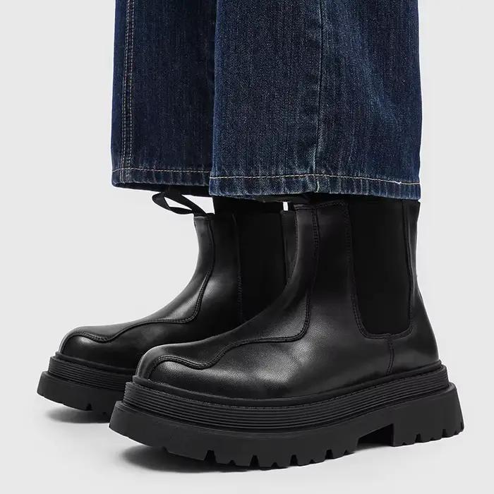 Bottes Chelsea Noires pour Hommes Style Moto Tige Haute Semelle Épaisse Chaussures Décontractées Occasions Spéciales