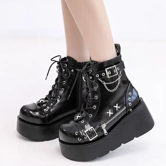 Nouvelles Bottes Gothiques à Plateforme pour Femmes, Style Punk avec Boucles, Fermetures Éclair et Rivets, Talons Compensés Hauts, Chaussures de Soirée et de Rue pour Femme