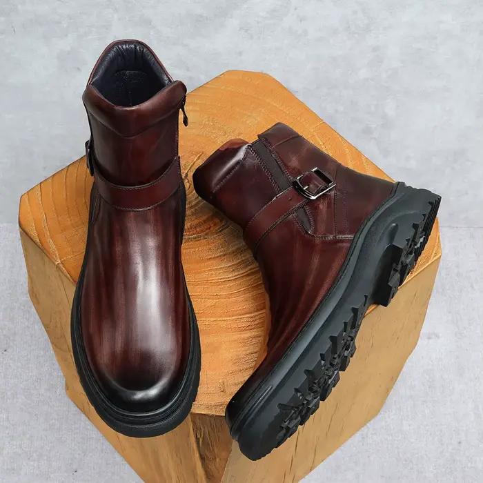Bottes hautes pour hommes, Style britannique, en cuir fait à la main, grande taille, chaussures confortables et décontractées
