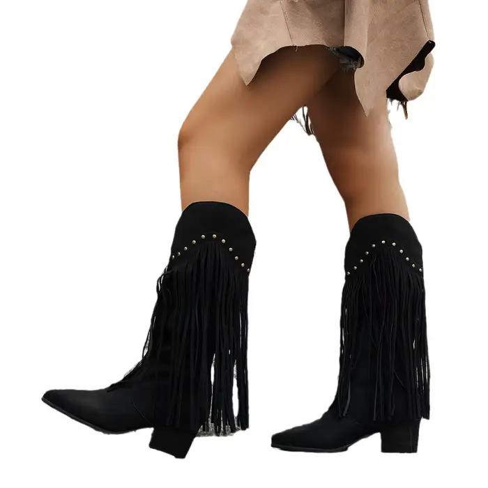 Femmes Rivet glands mi-mollet bottes d'équitation femme chaussures bout pointu talon carré botte pour 2025 automne