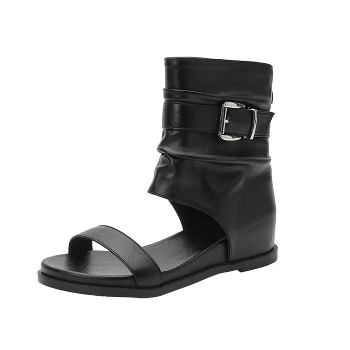 Superbes bottes pour femmes de style romain, à bout ouvert, à semelle épaisse, style western, bottes d'été, fermeture éclair à l'arrière, talon haut, chaussures confortables