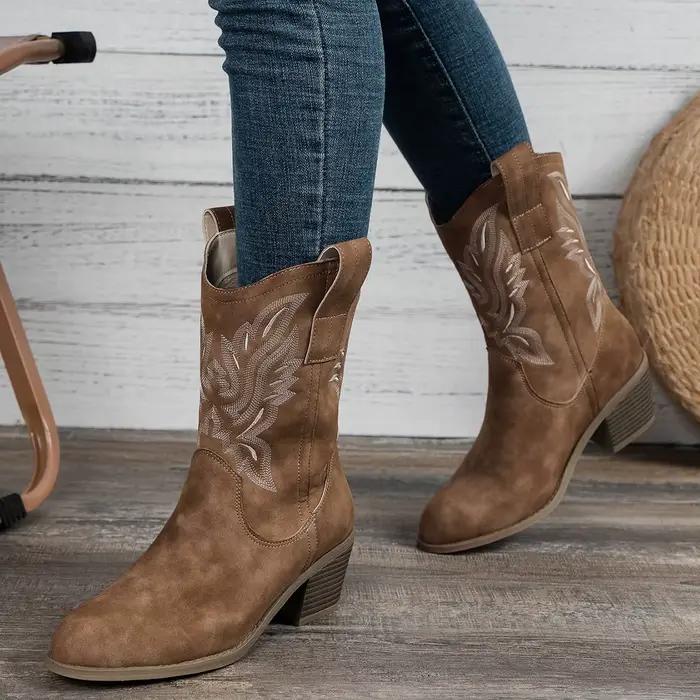 Chaussures pour femmes, nouvelles bottes de cow-boy brodées, bottes à bout pointu et talon épais pour femmes, bottes hautes pour l'automne, Botas De Mujer