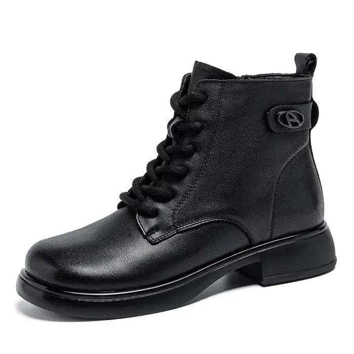 DRKANOL 2026 Style britannique en cuir véritable bottines pour femmes hiver à la main rétro en peluche chaud talon épais décontracté bottes courtes