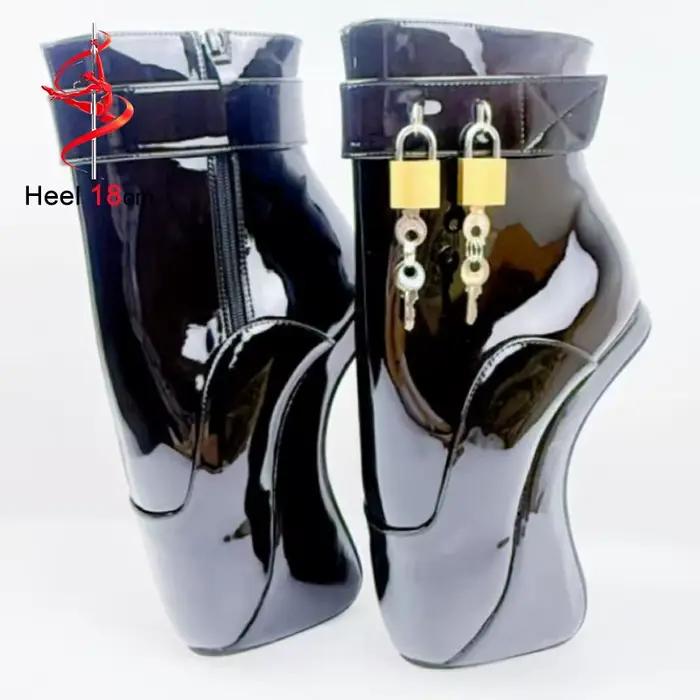Bottines courtes pour femme en cuir noir avec empiècements, talons originaux de 18 cm, bout rond, fermeture éclair, boucle de ceinture et 2 fermoirs, collection Printemps-Automne