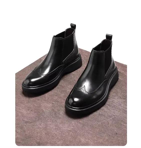Bottes montantes à enfiler pour hommes, avec Design sculpté, fond épais, en cuir fait à la main, mocassins confortables de Style britannique