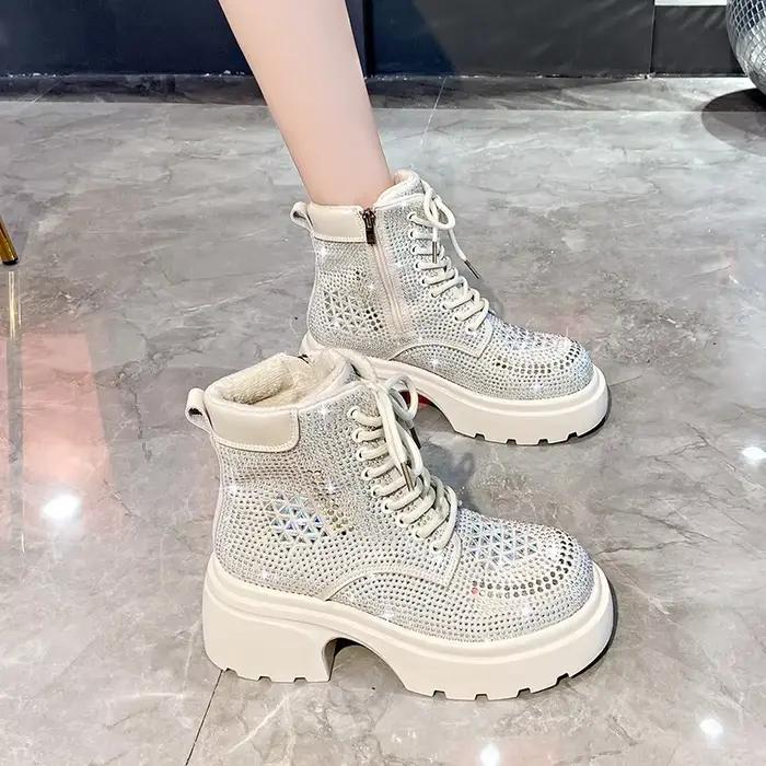 Paillettes diamant bottes courtes femmes automne hiver luxe mode haut talon épais à lacets