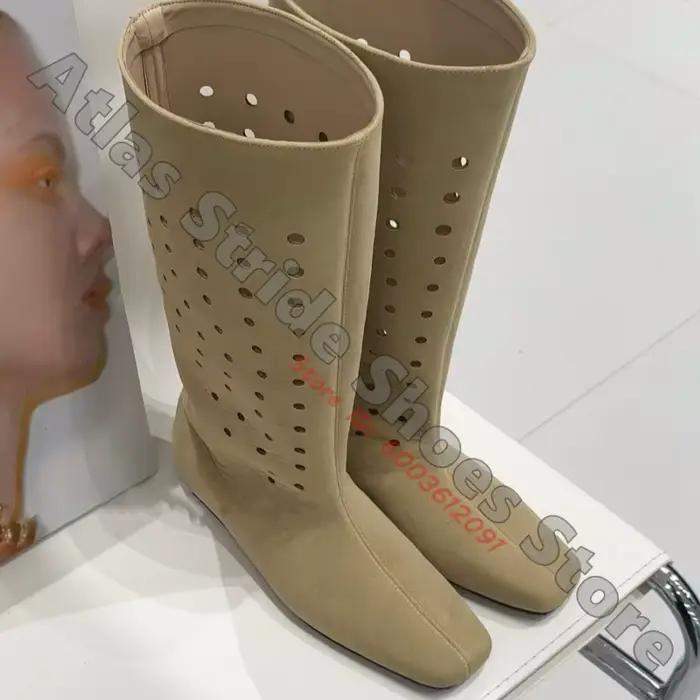 Bottes hautes kaki ajourées à bout carré, talon carré bas, en faux daim respirant, tige perforée, style rétro