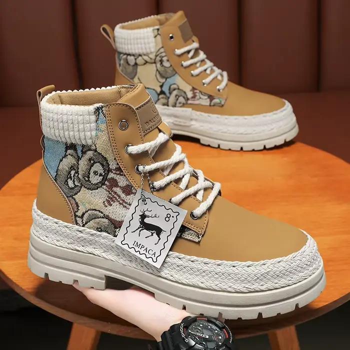 Bottes montantes, bottes de travail en paille à semelle épaisse, bottes décontractées tendance avec revers tricotés, bottes polyvalentes rehaussantes de style britannique pour les trajets en extérieur