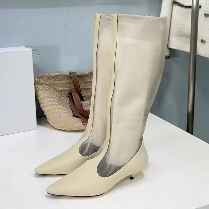 Femmes talons hauts fins genou bottes bout pointu en cuir véritable gaze Patchwork bottes longues piste printemps automne bottes modernes