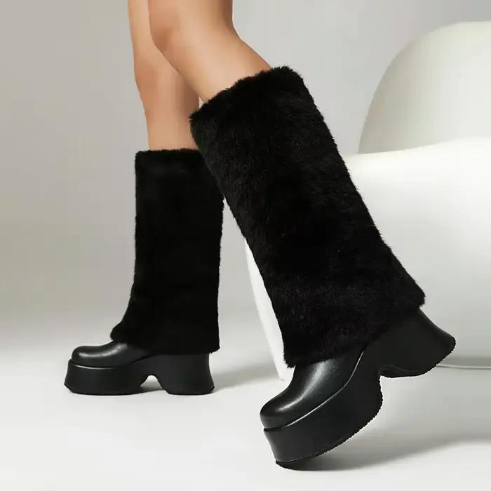 Rose blanc fausse fourrure chaude genou-haute bottes de neige compensées talons hauts fourrure concepteur élégant Botas femmes hiver chaud plate-forme bottes