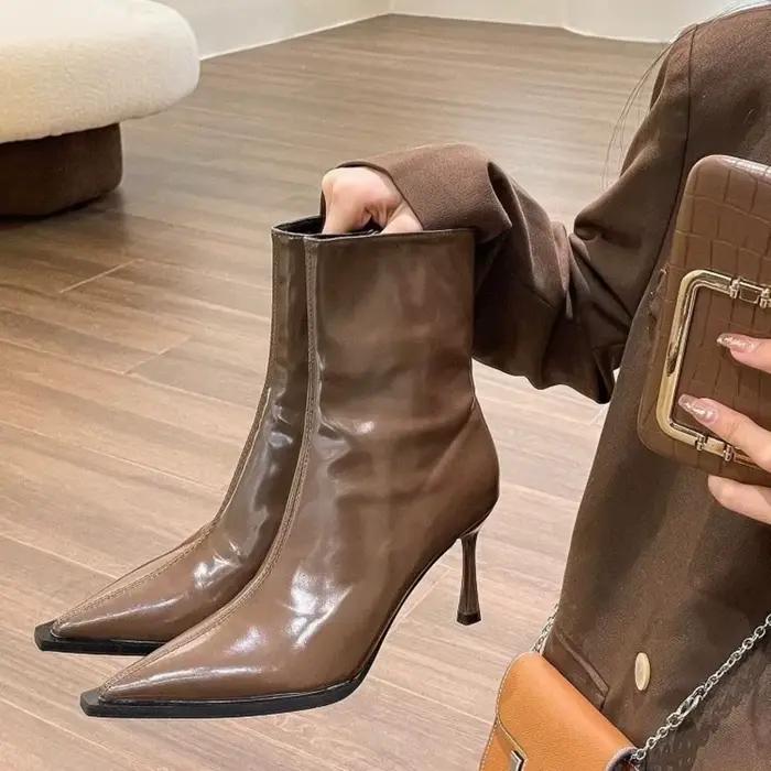 Bottines vintage d'automne, nouvelle mode, talons hauts, bottes fines en cuir verni à bout pointu sexy pour femmes, bottines courtes marron pour femmes.