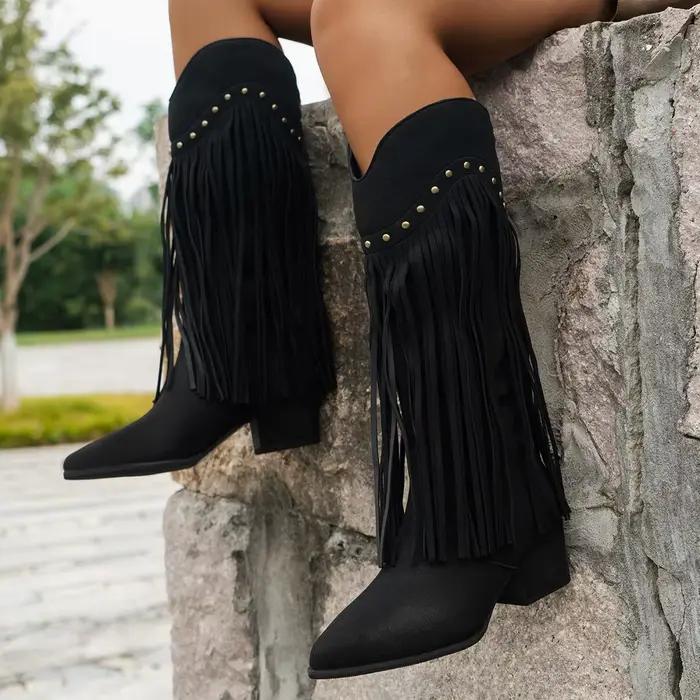 Femmes Rivet glands mi-mollet bottes d'équitation femme chaussures bout pointu talon carré botte pour 2025 automne
