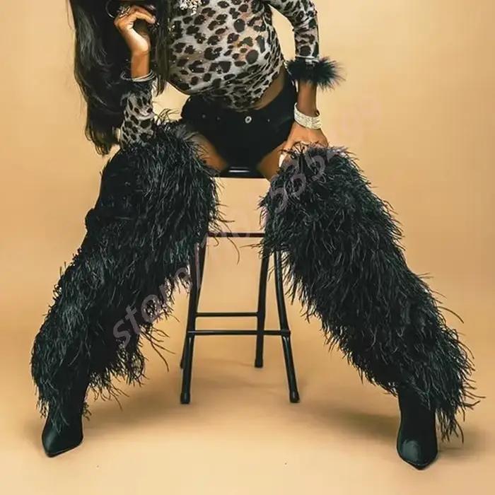 2025 hiver noir Sexy dames défilé bottes de fourrure mode rue modèle
