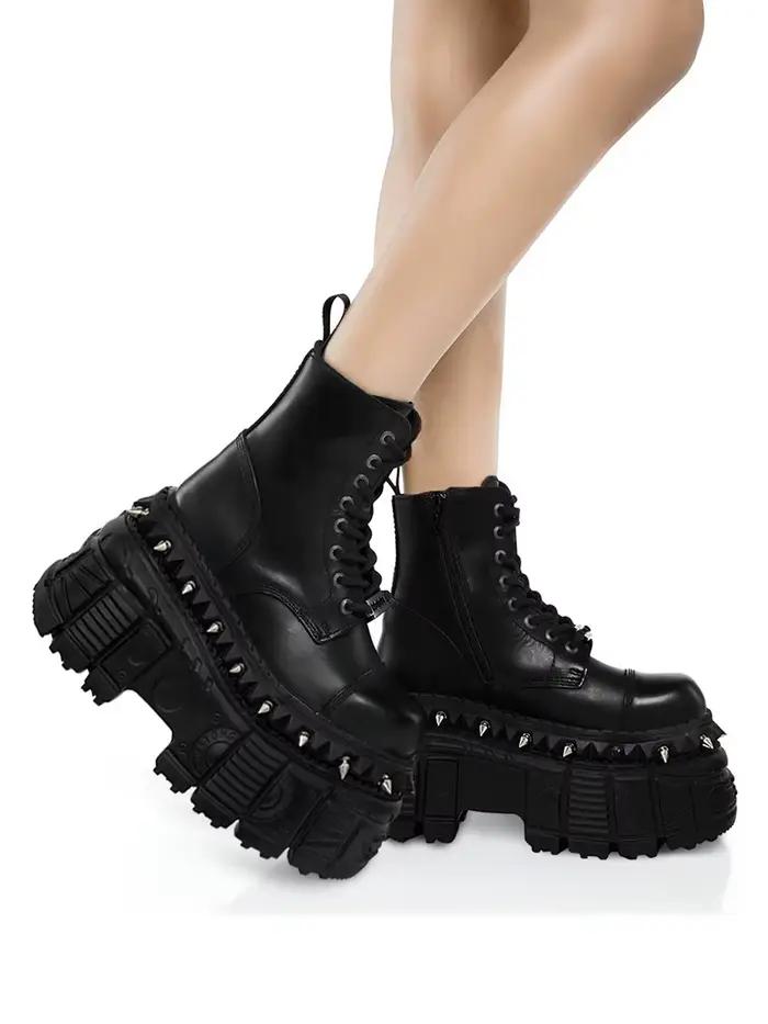 Style Punk femmes bottes à lacets talon hauteur plate-forme chaussures femme gothique cheville Rock bottes métal décor homme et femme baskets 2025