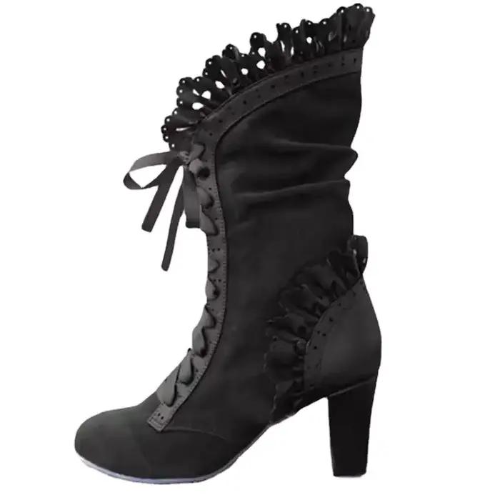 Bottes d'hiver à lacets pour femmes style victorien bout rond talons fins confortables automne printemps