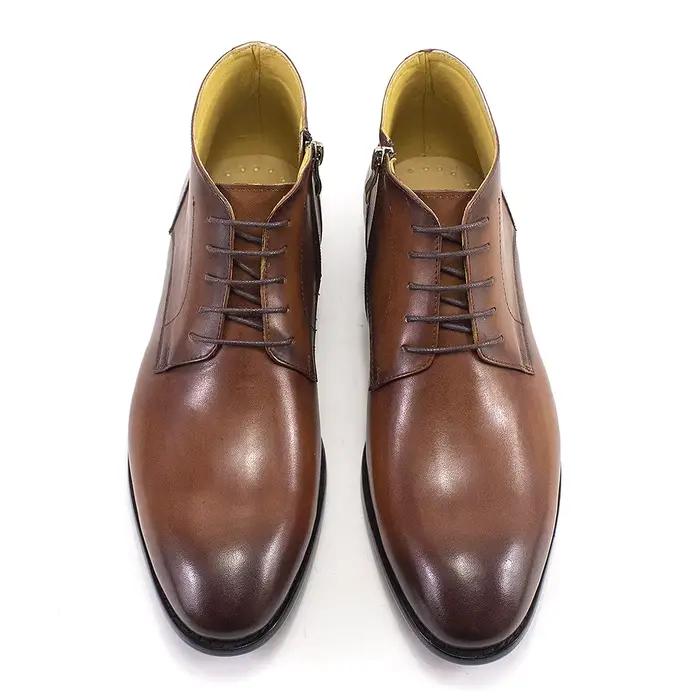 Bottines de luxe en cuir véritable pour hommes, chaussures Derby à bout uni avec fermeture éclair, faites à la main, à lacets, bottes de base formelles pour le bureau