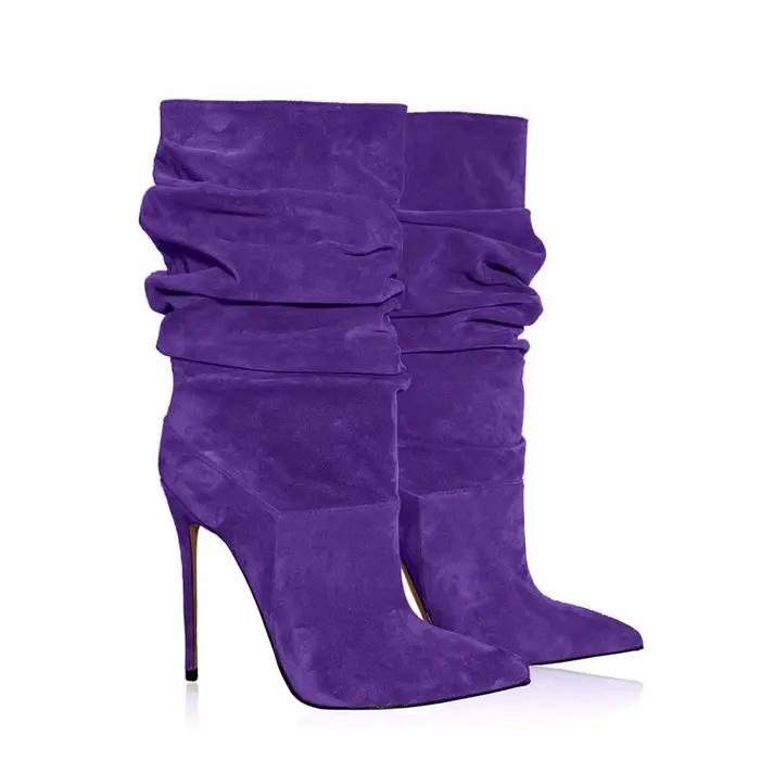 2025 mode bout pointu plissé talon aiguille genou bottes hautes extensible grande taille femmes bottes habillées pour bureau et soirée