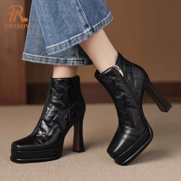 PRXDONG INS Top 2025 nouvelle mode automne hiver chaud bottines talons hauts en cuir véritable fermeture éclair fête femme chaussures taille 34-39