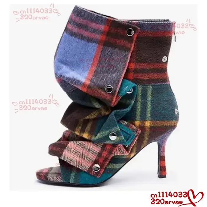 Bottes mi-mollet plissées à talon haut pour femme 2026 avec fermeture éclair arrière, en tissu à carreaux de style européen et américain, modèle bouche de poisson, tendance