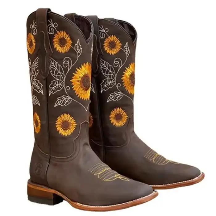 Nouvelles femmes café marron broderie bottes en cuir PU imprimé Western Cowboy