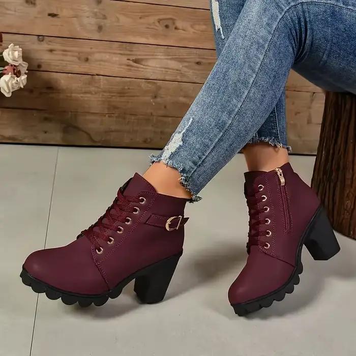 Bottes à lacets pour femmes élégantes et résistantes, bottes anti-aldes, mode extérieure, automne-hiver, haute qualité, talon moyen, bout rond, matériau caoutchouc, couleurs variées, occasions spéciales