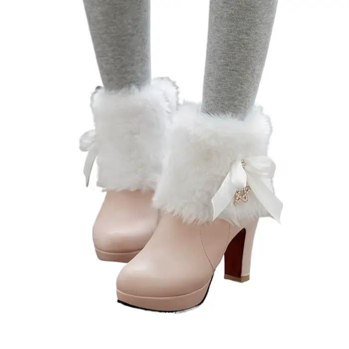 Bottes de neige femmes hiver chaud en peluche mode talons hauts rose blanc noir fourrure Bowt robe fête mariage