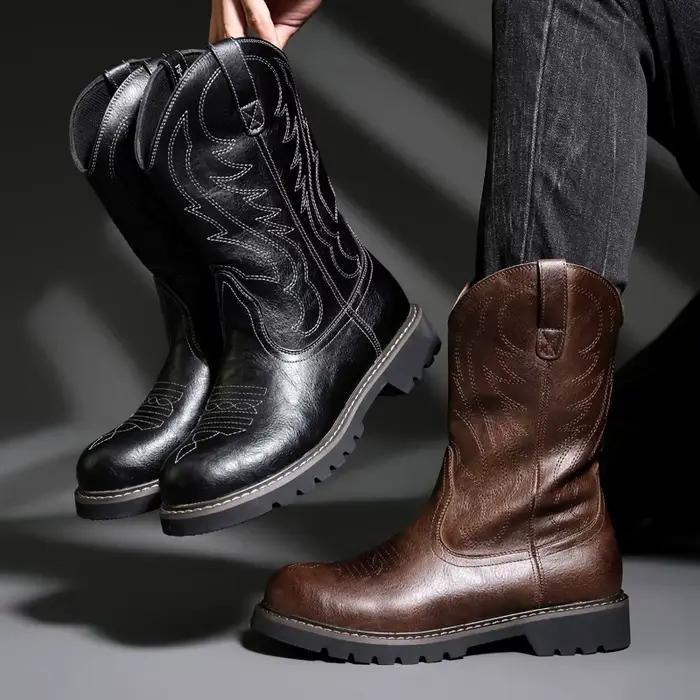 Bottes de chevalier vintage en cuir antidérapantes pour hommes, mi-mollet, talons en forme de fer à cheval, haute tige, printemps automne hiver, style éthnique, occassions spéciales, randonnées équestres, cadeaux mémorables
