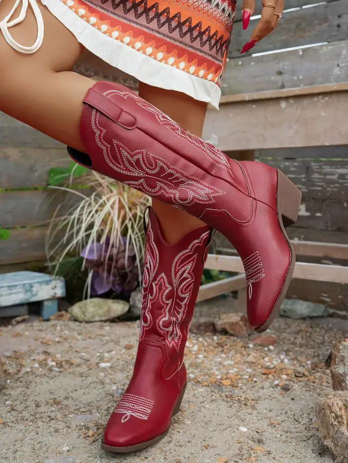 Bottes de cow-boy pour femmes, bottes de combat vintage, à talon épais et bloc, bout pointu, talon haut, hauteur genou, style cowgirl