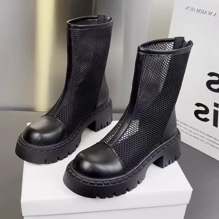 2025 femmes respirant bottines été évider épais dames talons hauts mode offre spéciale femme blanc bottes courtes De Mujer