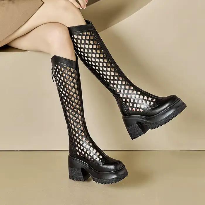 Bottes d'été ajourées pour femmes, Tube Long de 10CM, talons hauts, cuir de vache blanc, rehaussant, amincissant, en maille haute