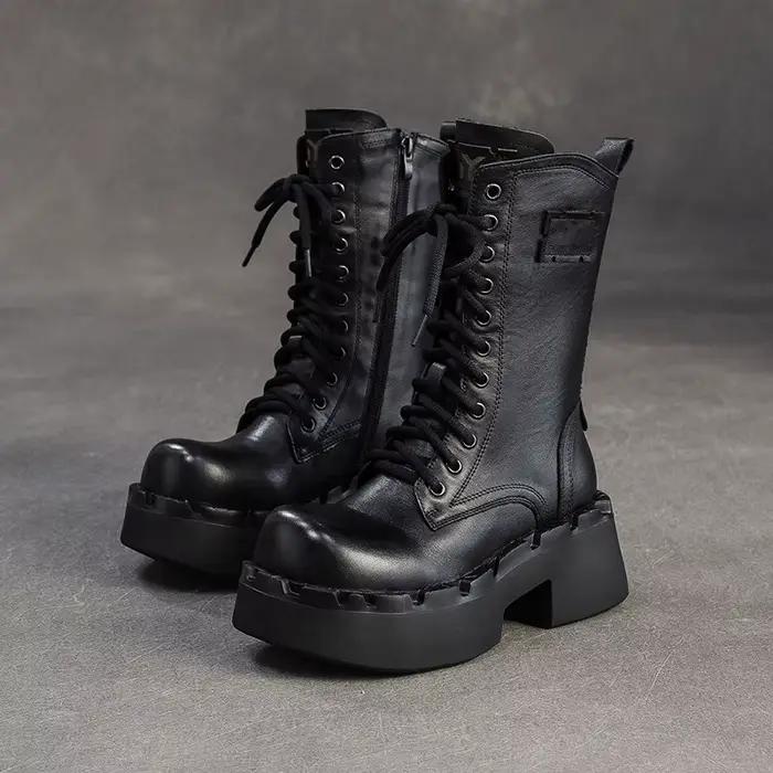 Bottines à talons hauts pour femmes, mi-mollet, hiver, bout large, cuir de vache véritable, talon épais, plateforme, style rétro, bottes chaudes en fourrure.