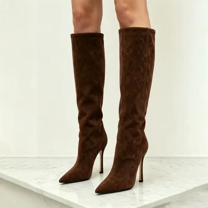 Bottes hautes en daim couleur unie pour femme, à bout pointu, talon aiguille fin, tige large, pour soirée et robe
