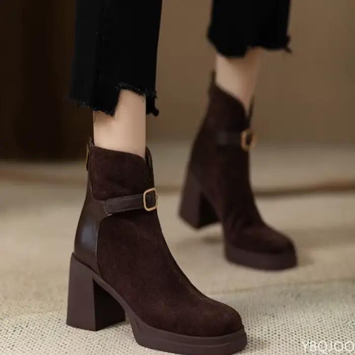À la mode polyvalent semelle épaisse talon épais femmes bottes automne hiver élégant simple talons hauts loisirs