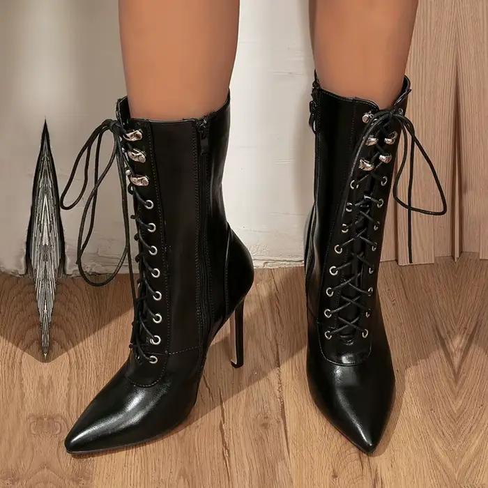 Mode noir Chelsea bottes femmes haute qualité en cuir PU bout pointu fête discothèque talons aiguilles Zip à lacets chaussures chaussons