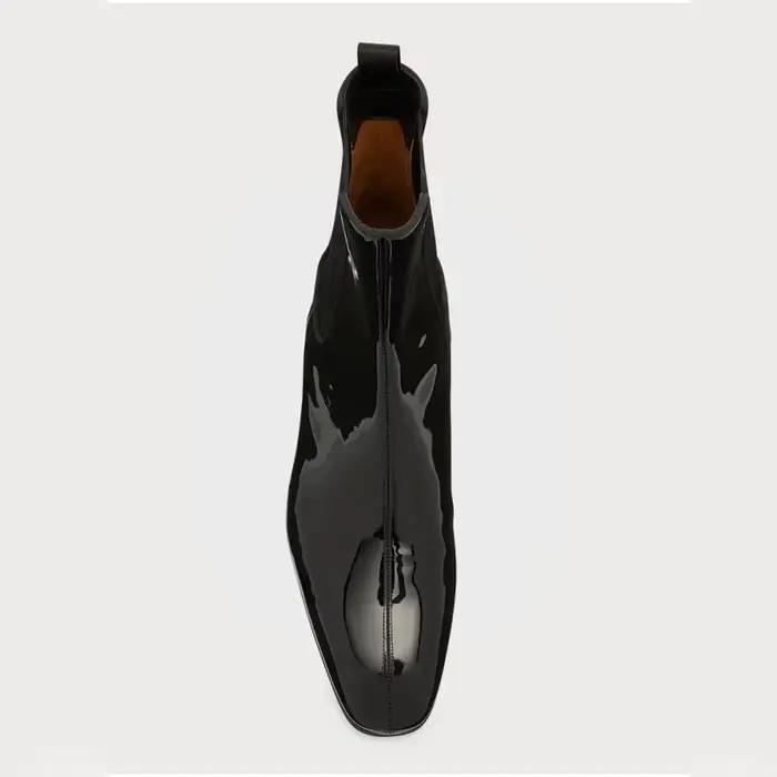 Bottes Chelsea en cuir verni pour hommes, bottines noires à enfiler, avec décorations métalliques, talon décoratif, pour affaires, soirée, hiver, résistantes à l'usure, décontractées